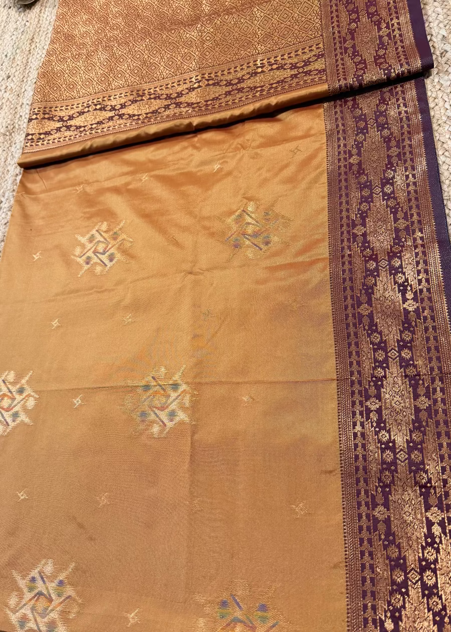 Golden Mustard and  Brown Semi Silk Saree- Banaras