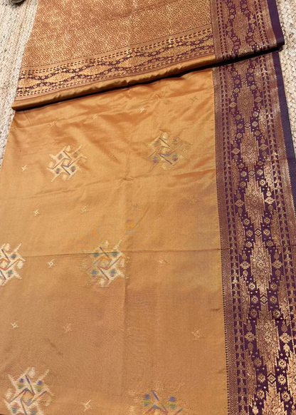 Golden Mustard and  Brown Semi Silk Saree- Banaras