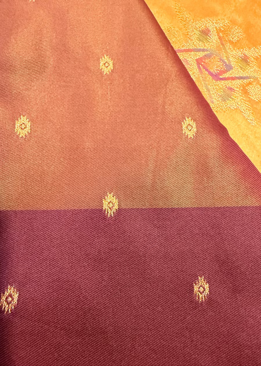 Golden Mustard and  Brown Semi Silk Saree- Banaras
