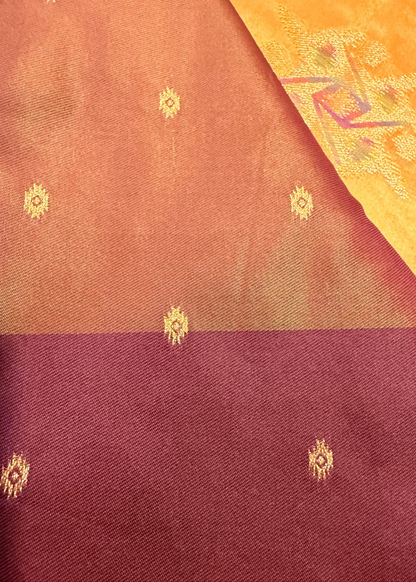 Golden Mustard and  Brown Semi Silk Saree- Banaras