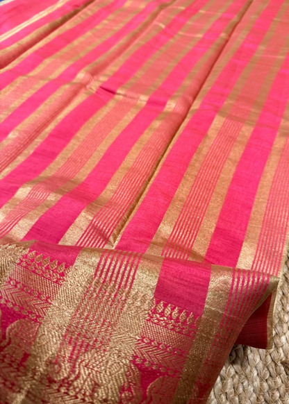 Coral Pink Semi Tussar Silk Saree- Casual