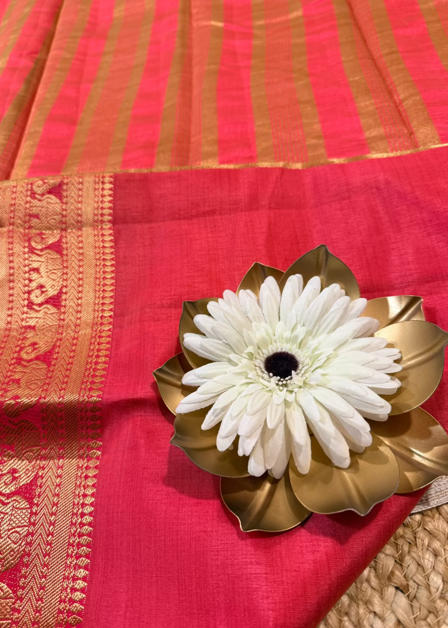 Coral Pink Semi Tussar Silk Saree- Casual