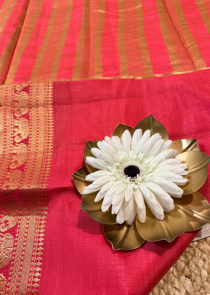Coral Pink Semi Tussar Silk Saree- Casual