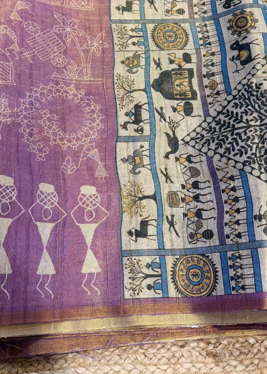 Purplish Pink Warli Printed Tussar Tissue Saree- Casual