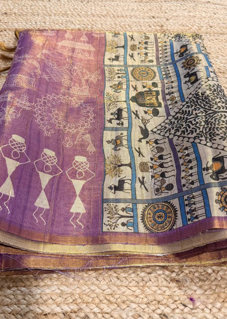 Purplish Pink Warli Printed Tussar Tissue Saree- Casual