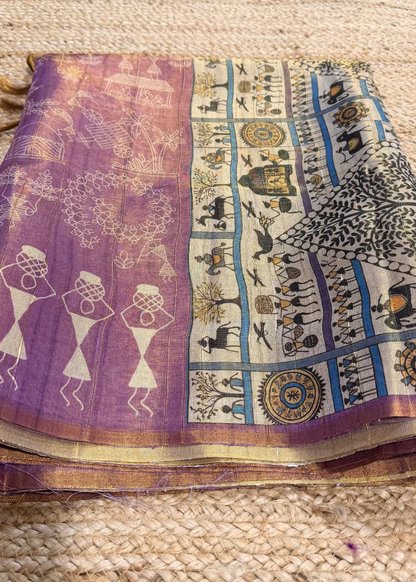 Purplish Pink Warli Printed Tussar Tissue Saree- Casual