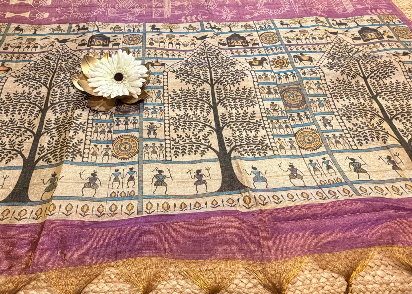Purplish Pink Warli Printed Tussar Tissue Saree- Casual