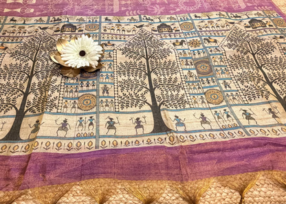 Purplish Pink Warli Printed Tussar Tissue Saree- Casual