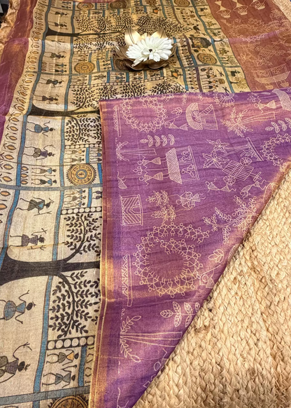 Purplish Pink Warli Printed Tussar Tissue Saree- Casual