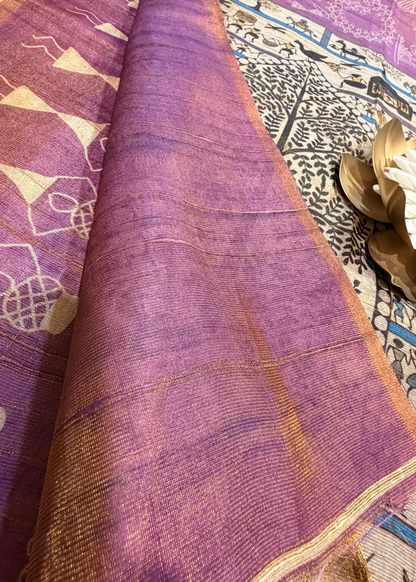 Purplish Pink Warli Printed Tussar Tissue Saree- Casual