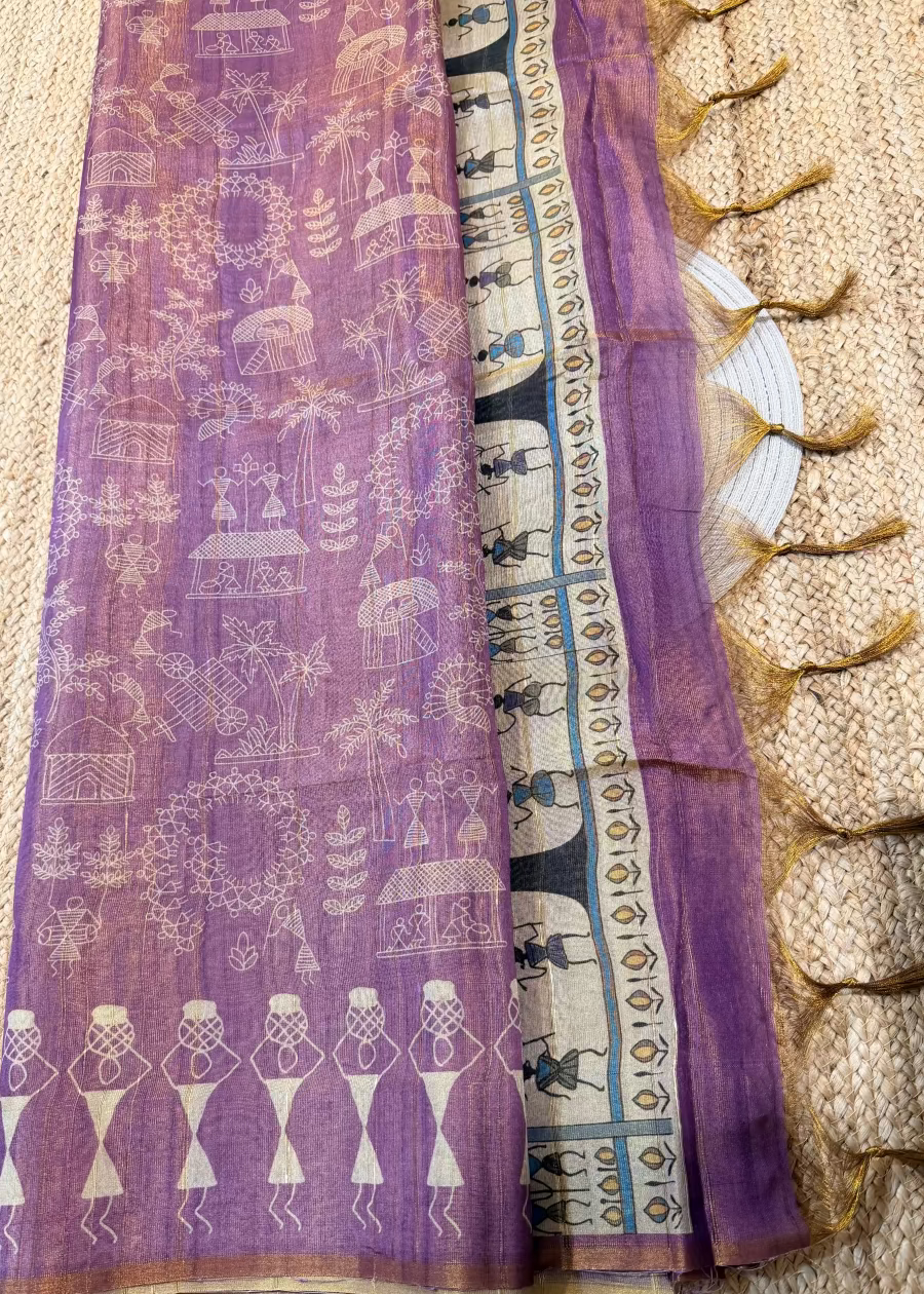 Purplish Pink Warli Printed Tussar Tissue Saree- Casual
