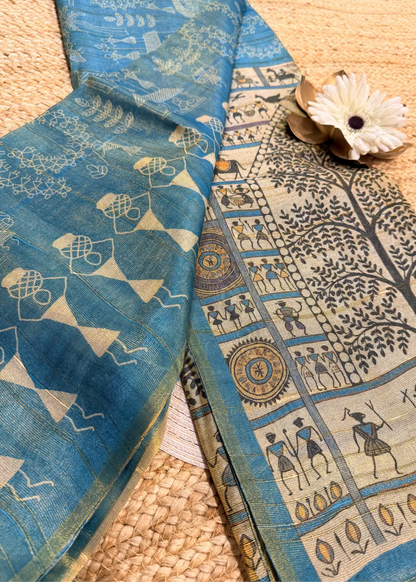 Blue Warli  Print Semi Tussar Tissue Saree - Casual