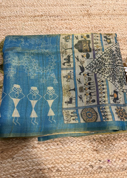 Blue Warli  Print Semi Tussar Tissue Saree - Casual