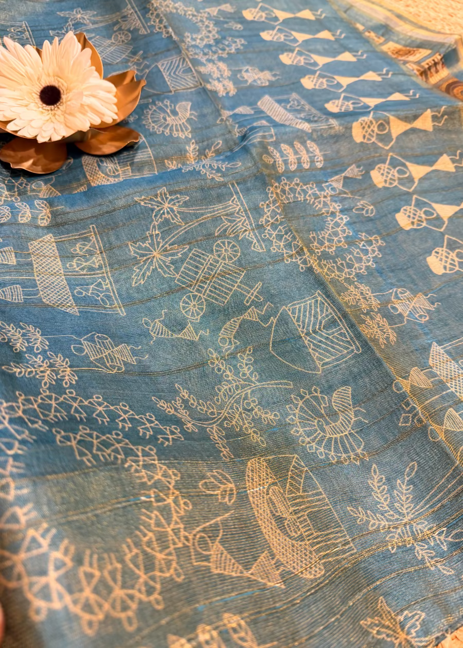 Blue Warli  Print Semi Tussar Tissue Saree - Casual