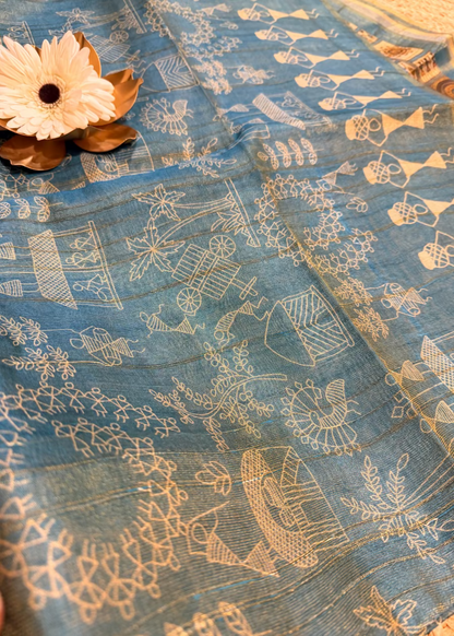 Blue Warli  Print Semi Tussar Tissue Saree - Casual