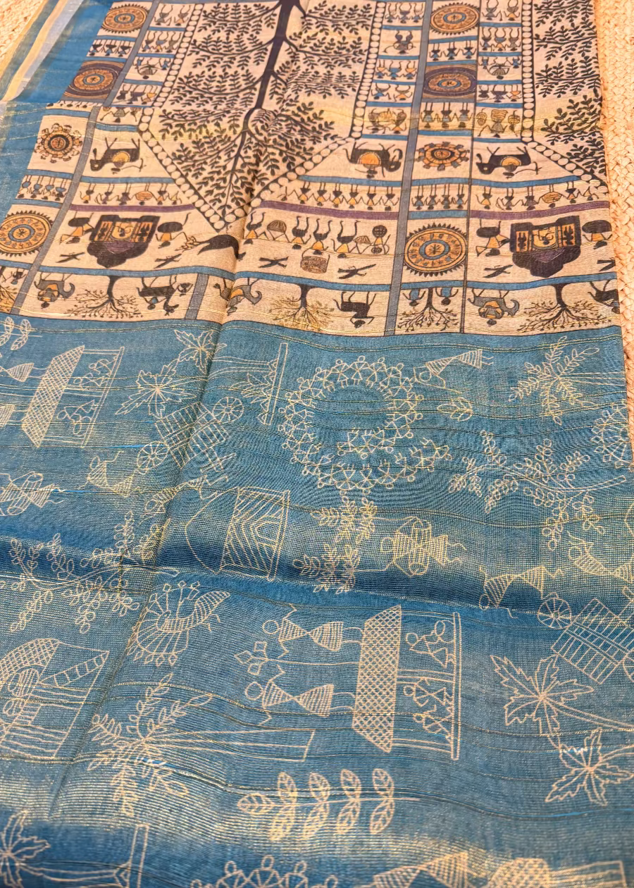 Blue Warli  Print Semi Tussar Tissue Saree - Casual