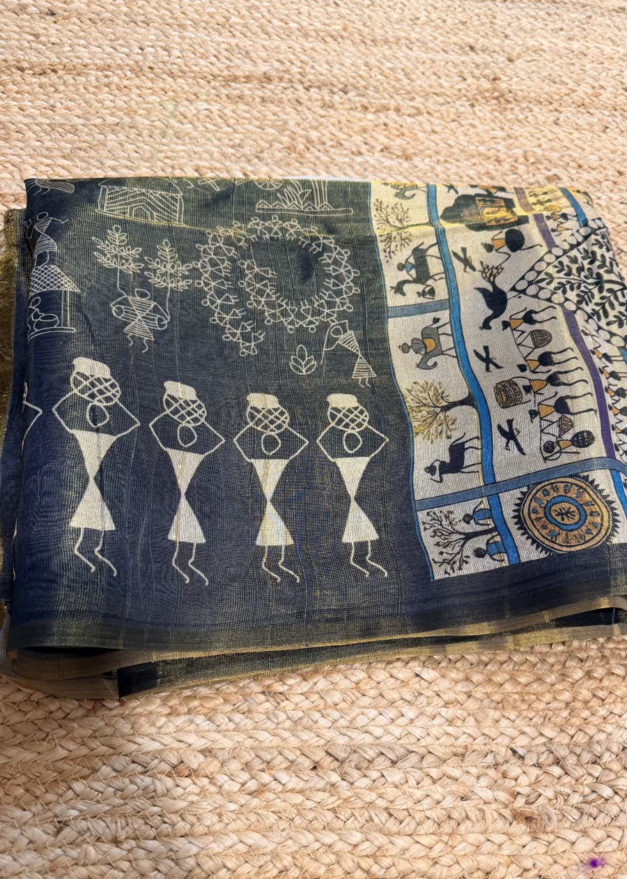 Black Warli Print Semi Tussar Tissue Saree- Casual