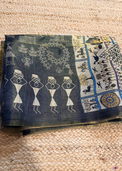 Black Warli Print Semi Tussar Tissue Saree- Casual