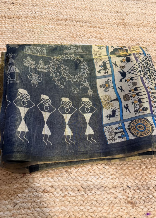 Black Warli Print Semi Tussar Tissue Saree- Casual