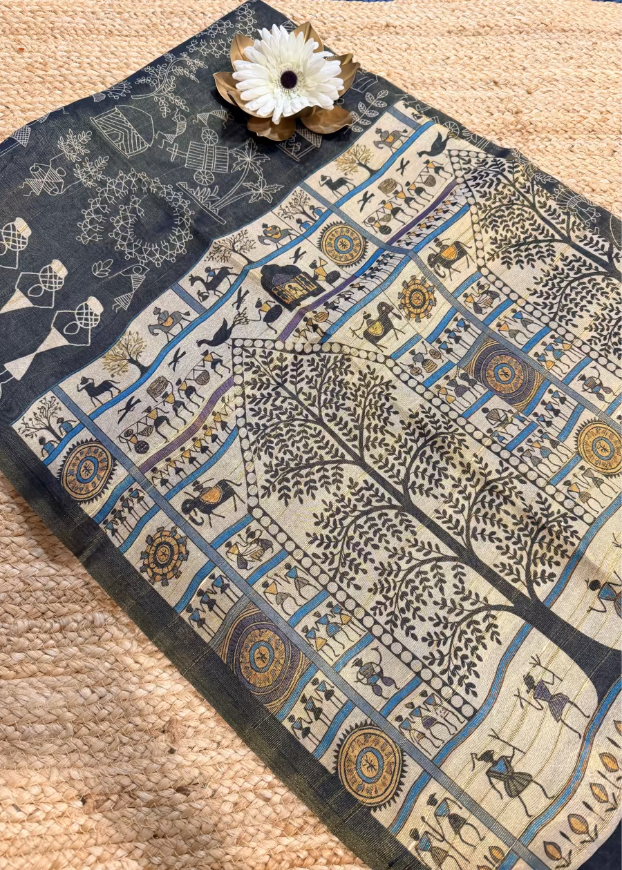 Black Warli Print Semi Tussar Tissue Saree- Casual