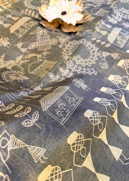 Black Warli Print Semi Tussar Tissue Saree- Casual