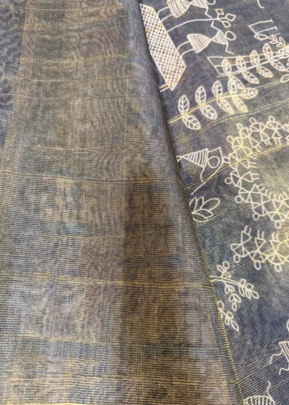 Black Warli Print Semi Tussar Tissue Saree- Casual