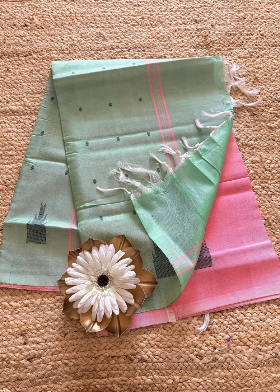 Pink and Sage Green Banana Pith Silk Saree- TN