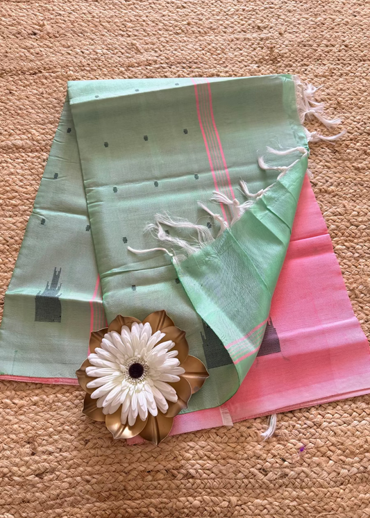 Pink and Sage Green Banana Pith Silk Saree- TN
