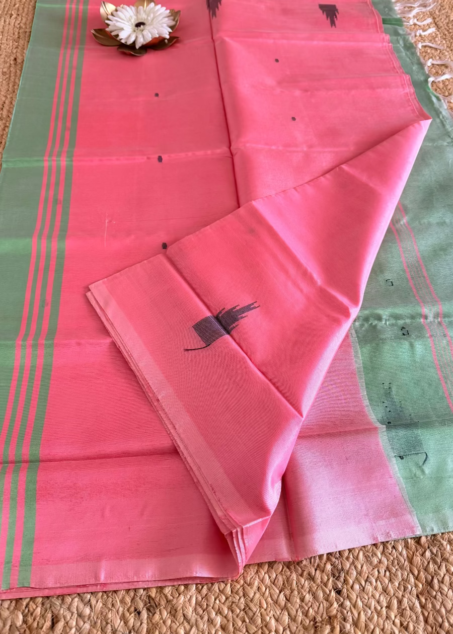 Pink and Sage Green Banana Pith Silk Saree- TN