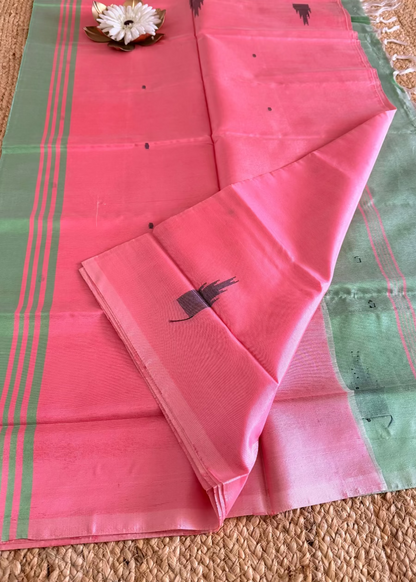 Pink and Sage Green Banana Pith Silk Saree- TN