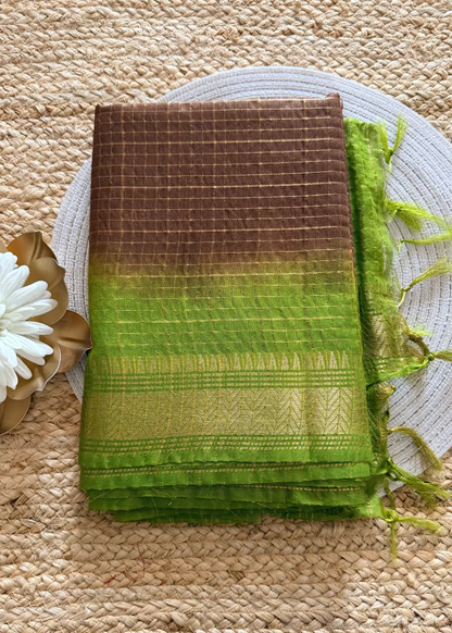 Green and Coffee Brown Bhagalpur Silk Saree- Semi Silk