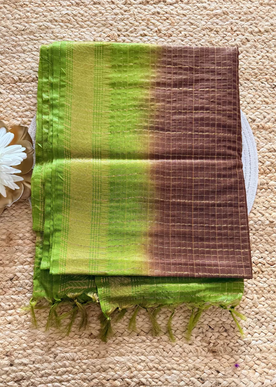 Green and Coffee Brown Bhagalpur Silk Saree- Semi Silk