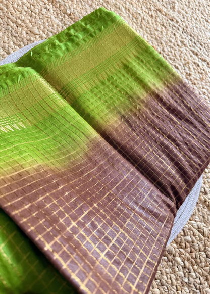 Green and Coffee Brown Bhagalpur Silk Saree- Semi Silk