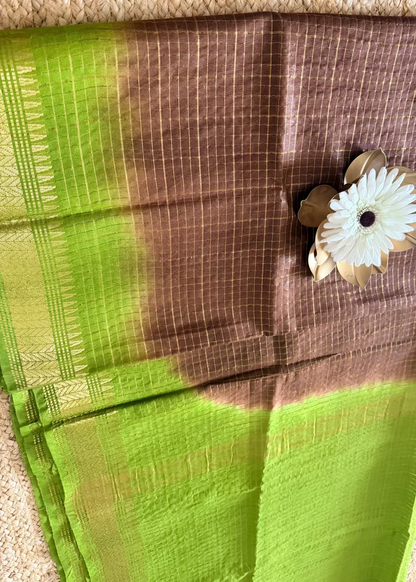 Green and Coffee Brown Bhagalpur Silk Saree- Semi Silk