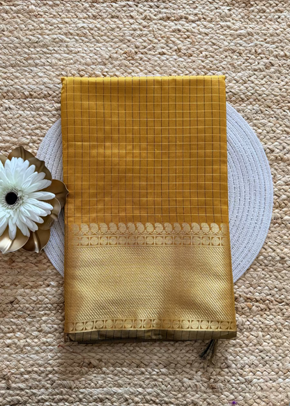 Golden Yellow Checks Semi Silk Saree- TN.