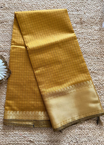 Golden Yellow Checks Semi Silk Saree- TN.