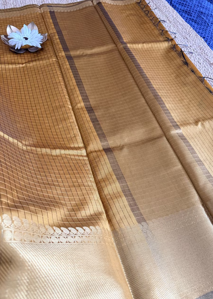 Golden Yellow Checks Semi Silk Saree- TN.