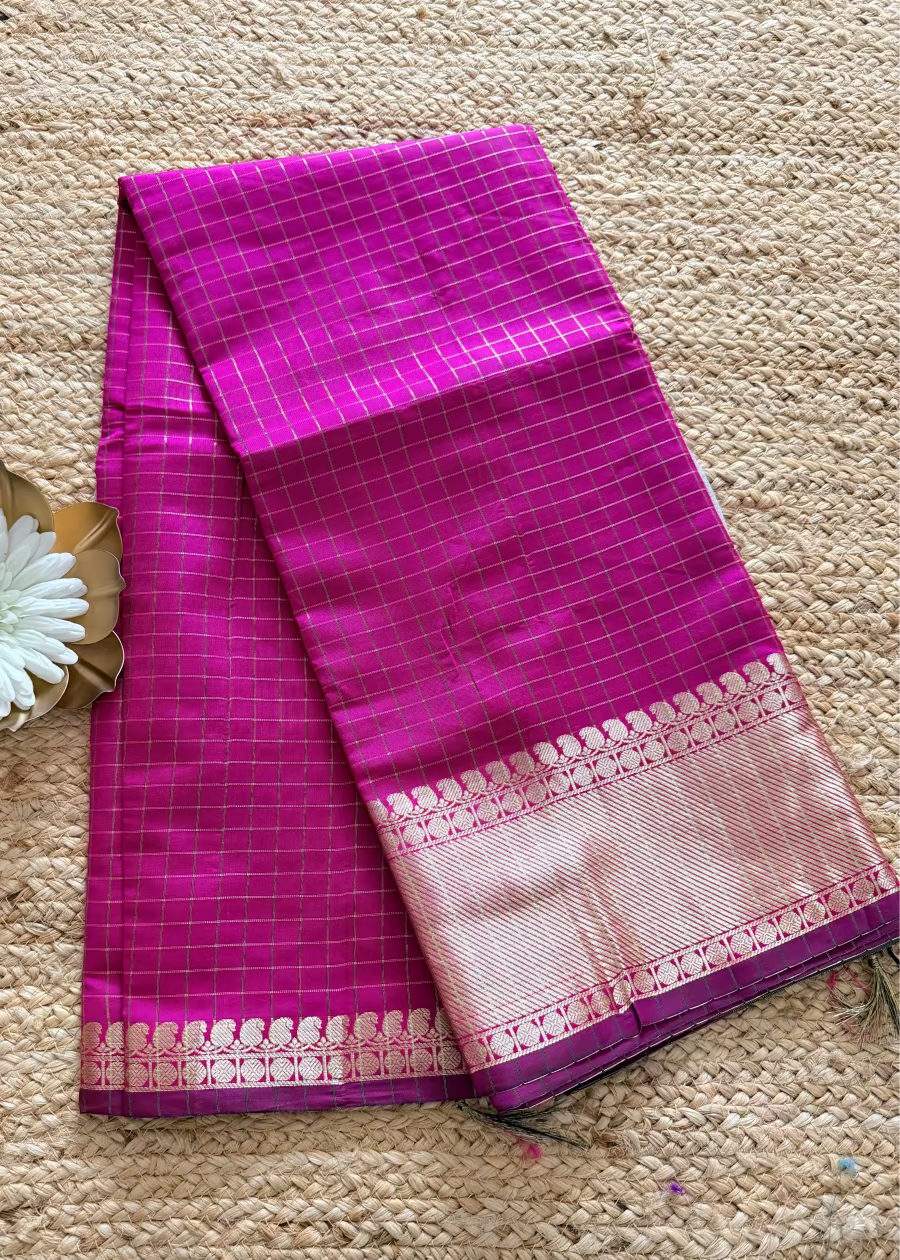 Majenta Checks Design Silk Saree- TN