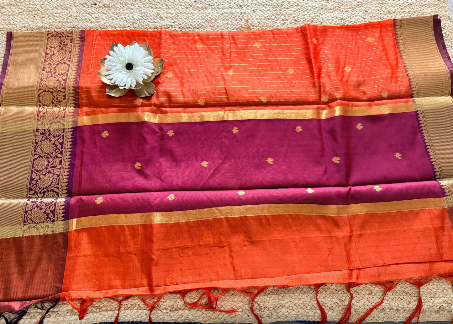 Orange and Brown  Checks Design Saree- TN