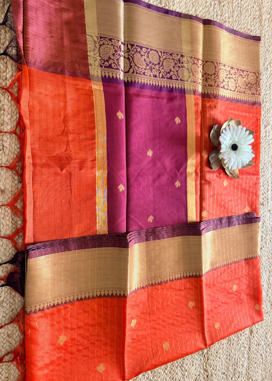 Orange and Brown  Checks Design Saree- TN