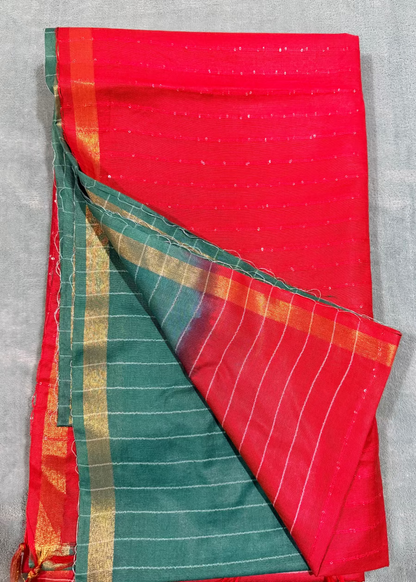 Green  and Red Bhagalpuri Silk Saree With Sequins Work- Banaras