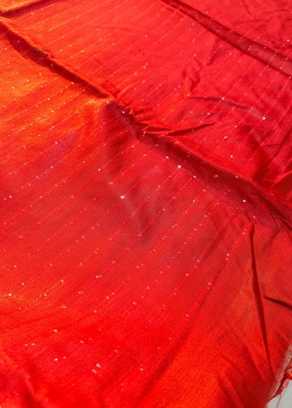 Green  and Red Bhagalpuri Silk Saree With Sequins Work- Banaras