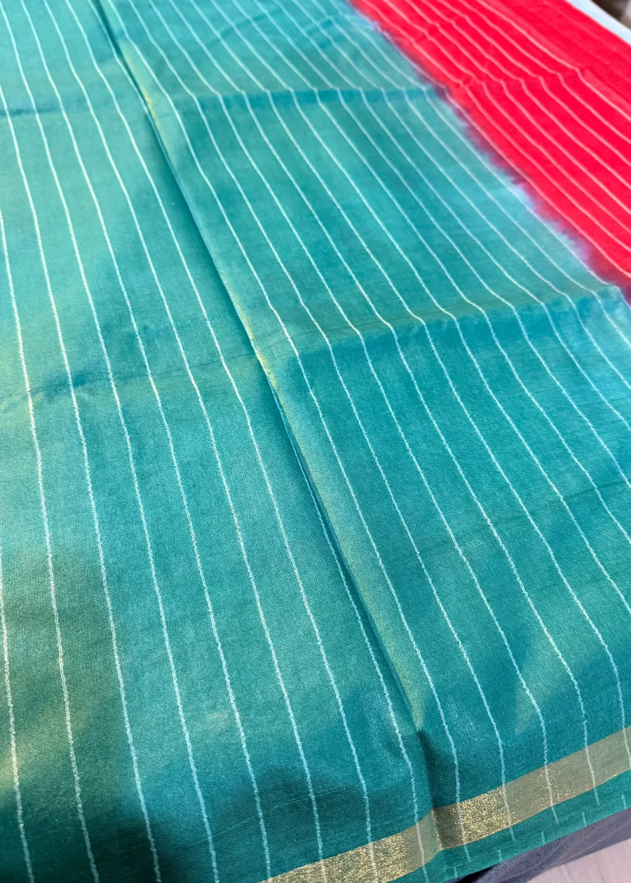 Green  and Red Bhagalpuri Silk Saree With Sequins Work- Banaras