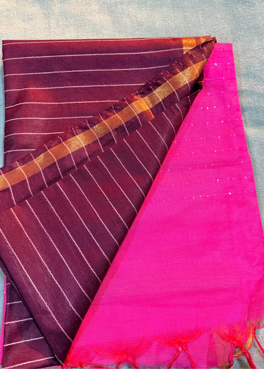 Pink And Brown Bhagalpuri Silk Saree With Sequins Work- Banaras