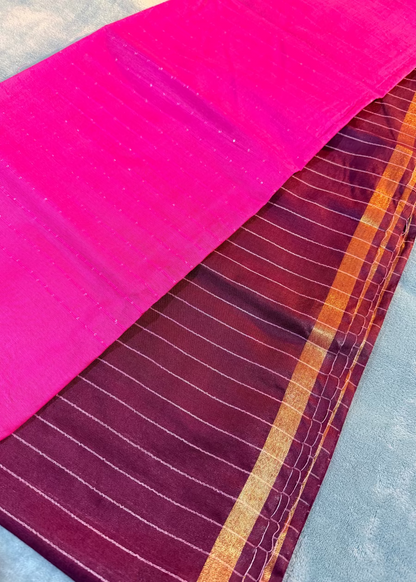 Pink And Brown Bhagalpuri Silk Saree With Sequins Work- Banaras