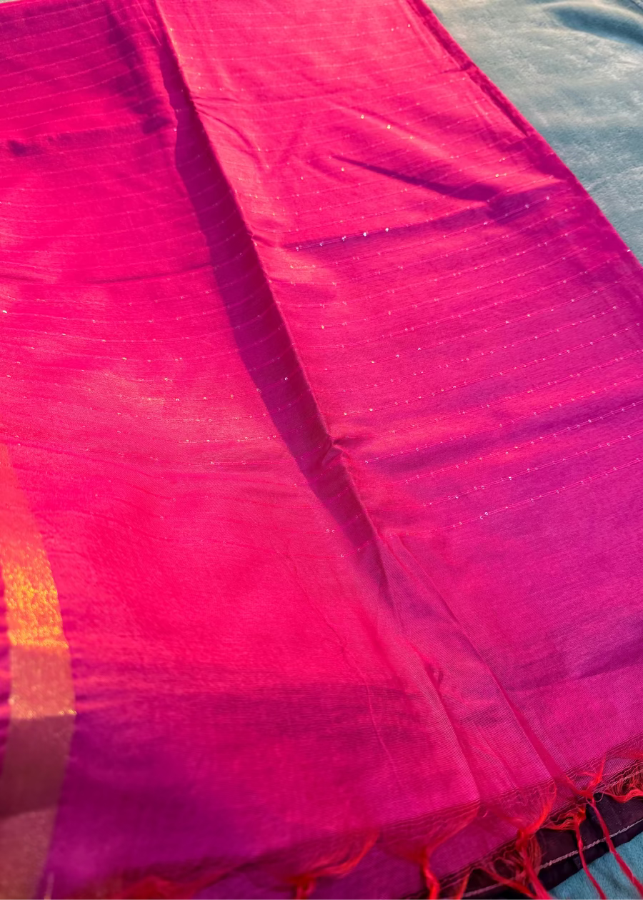 Pink And Brown Bhagalpuri Silk Saree With Sequins Work- Banaras
