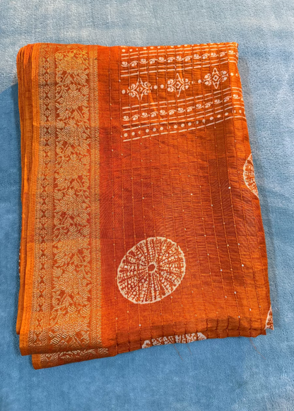 Rust Orange Batik Print Semi Tussar Saree With Sequins Work- Casual