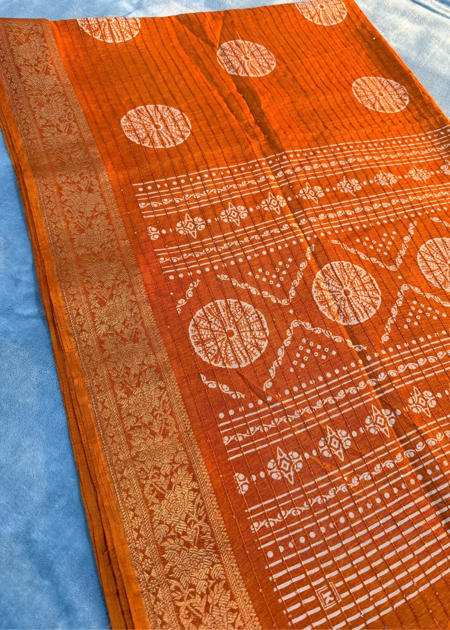 Rust Orange Batik Print Semi Tussar Saree With Sequins Work- Casual