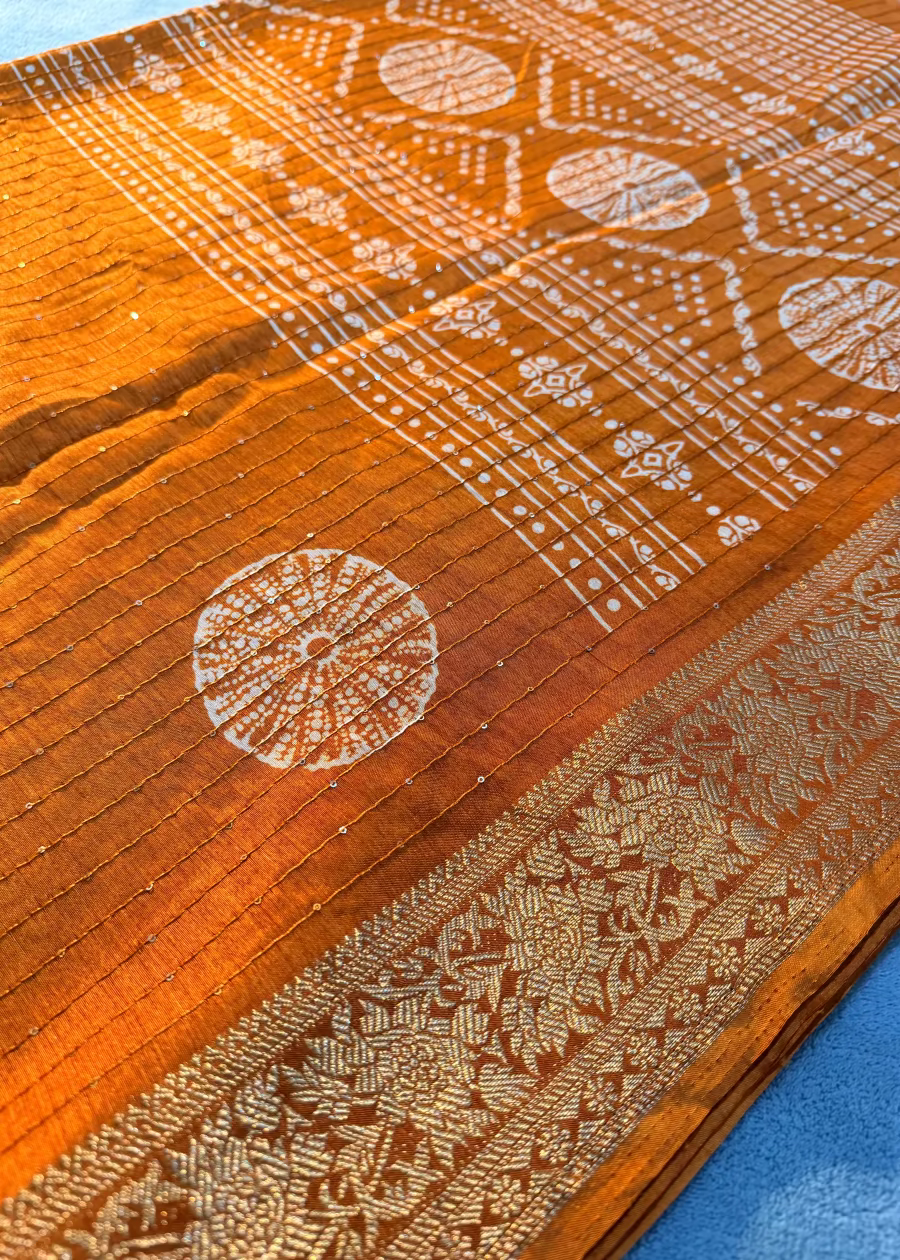 Rust Orange Batik Print Semi Tussar Saree With Sequins Work- Casual