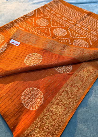 Rust Orange Batik Print Semi Tussar Saree With Sequins Work- Casual